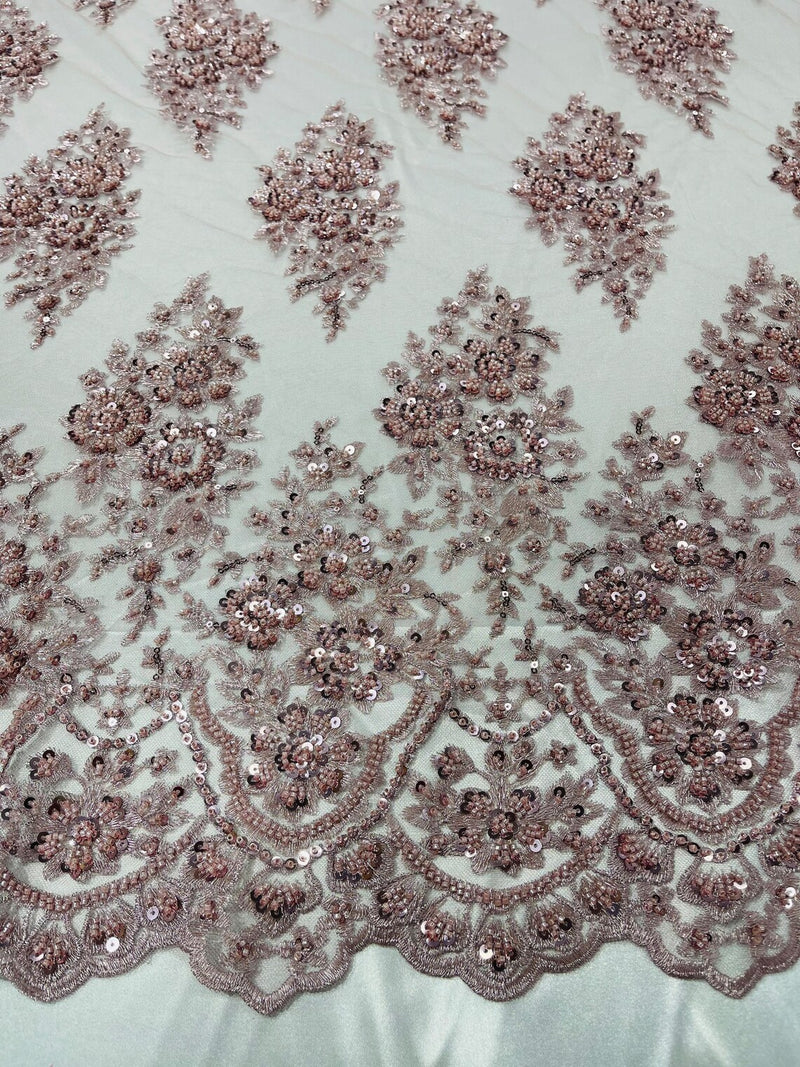 Floral Cluster Bead Fabric - Rose - Sold By The Yard - Embroidered Flower Beaded Fabric