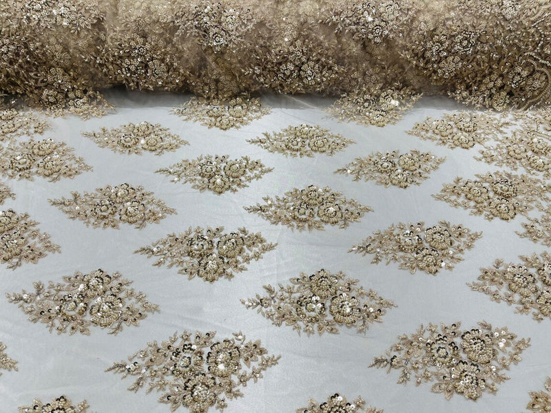 Floral Cluster Bead Fabric - Champagne - Sold By The Yard - Embroidered Flower Beaded Fabric