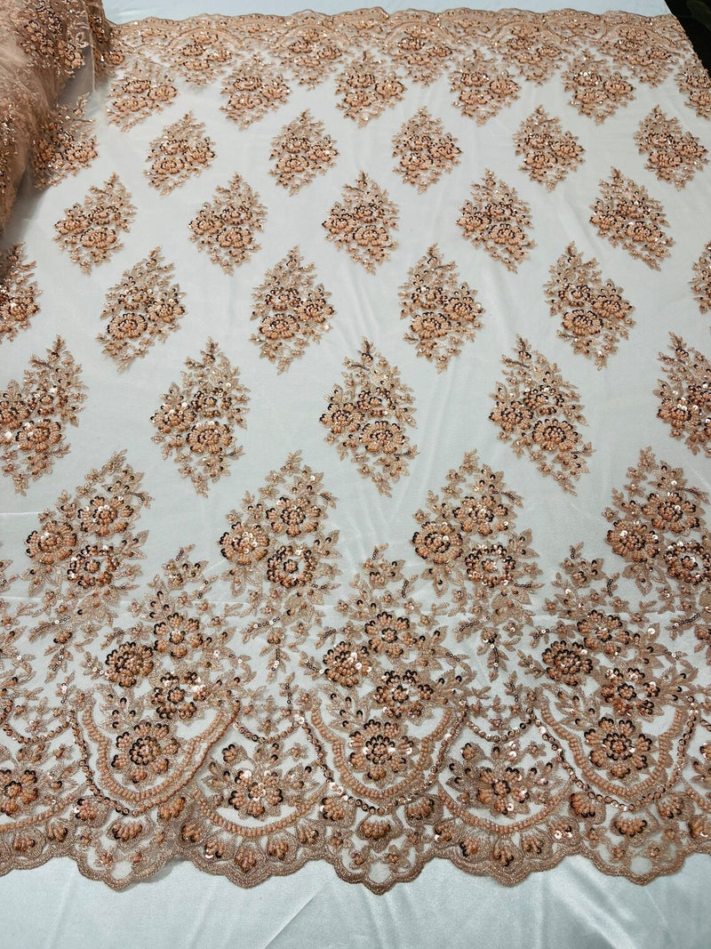Floral Cluster Bead Fabric - Blush Peach - Sold By The Yard - Embroidered Flower Beaded Fabric
