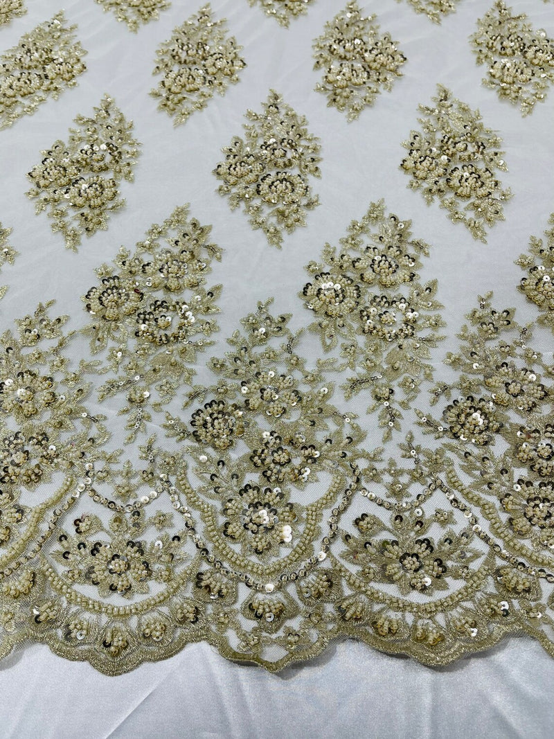 Floral Cluster Bead Fabric - Beige - Sold By The Yard - Embroidered Flower Beaded Fabric