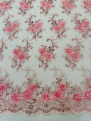 Flower Lace Fabric - Light Pink - Embroidered Flower With Sequins on a Mesh Lace Fabric By Yard