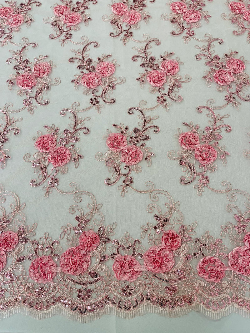 Flower Lace Fabric - Light Pink - Embroidered Flower With Sequins on a Mesh Lace Fabric By Yard