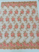 Flower Lace Fabric - Coral Pink - Embroidered Flower With Sequins on a Mesh Lace Fabric By Yard