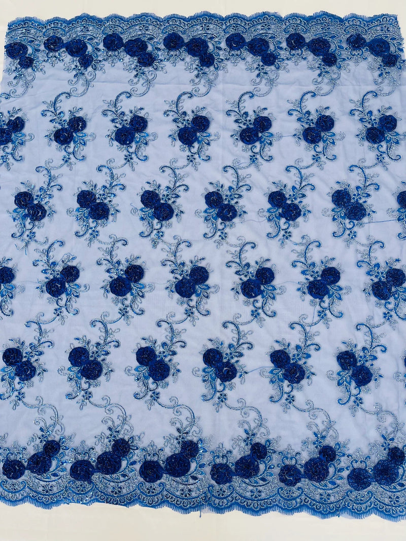 Flower Lace Fabric - Royal Blue - Embroidered Roses With Sequins on a Mesh Lace Fabric By Yard