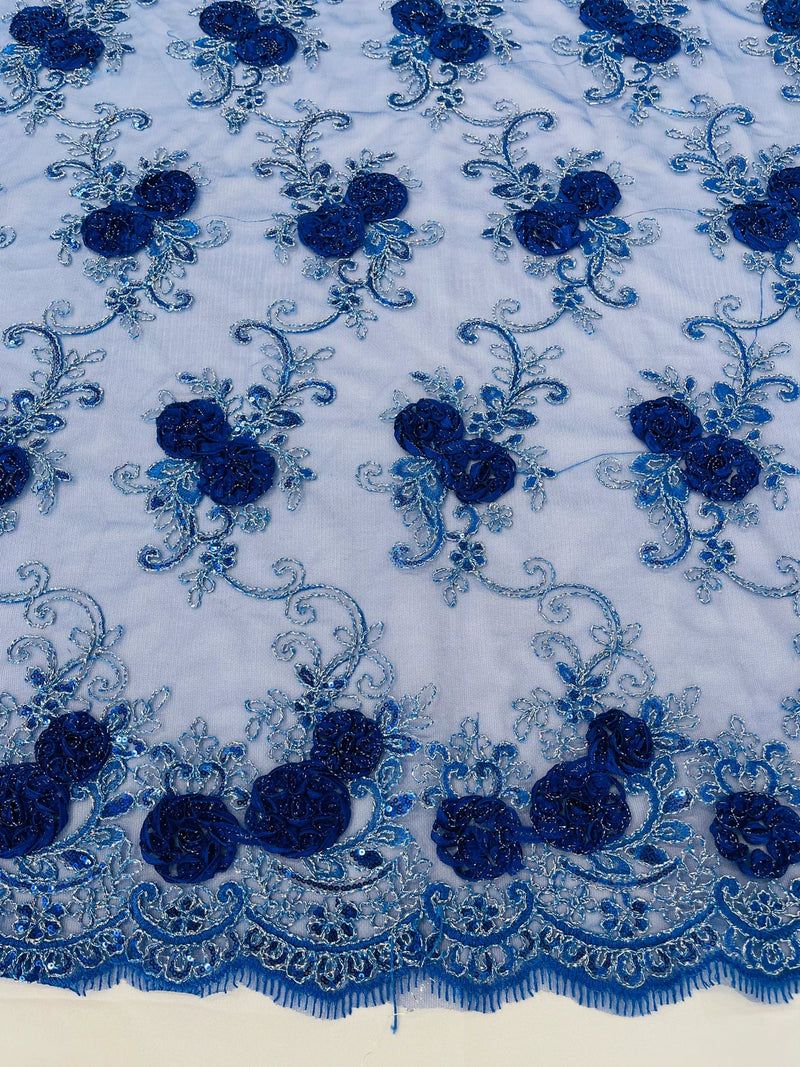 Flower Lace Fabric - Royal Blue - Embroidered Roses With Sequins on a Mesh Lace Fabric By Yard