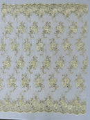 Flower Lace Fabric - Ivory - Embroidered Roses With Sequins on a Mesh Lace Fabric By Yard