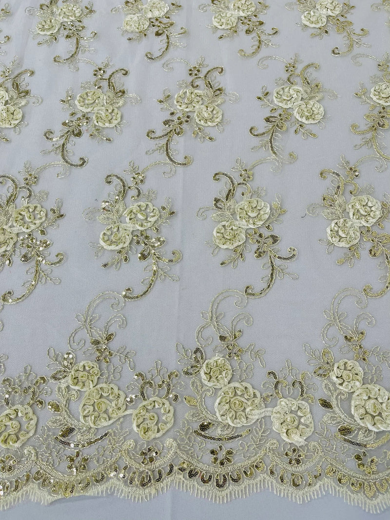 Flower Lace Fabric - Ivory - Embroidered Roses With Sequins on a Mesh Lace Fabric By Yard
