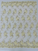 Flower Lace Fabric - Ivory - Embroidered Roses With Sequins on a Mesh Lace Fabric By Yard