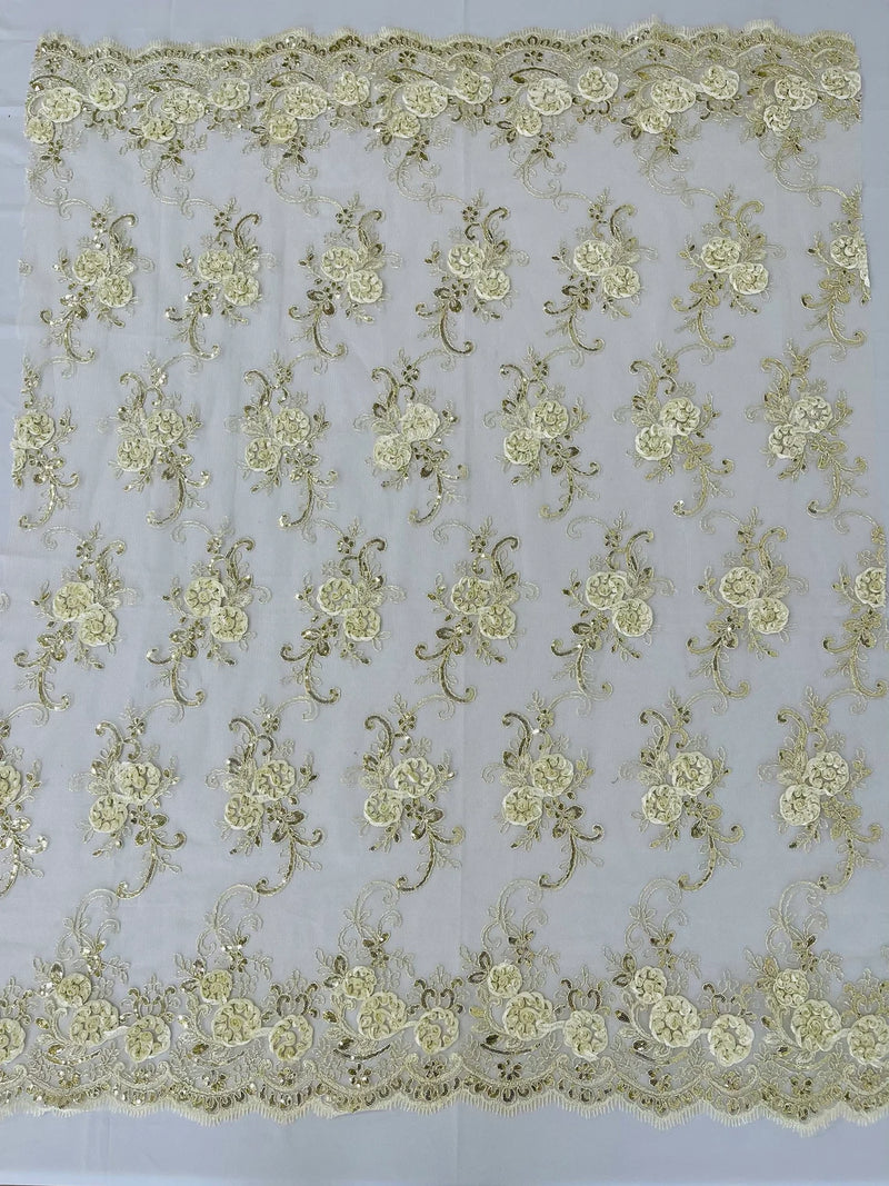 Flower Lace Fabric - Ivory - Embroidered Roses With Sequins on a Mesh Lace Fabric By Yard