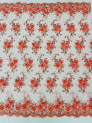Flower Lace Fabric - Coral Peach - Embroidered Roses With Sequins on a Mesh Lace Fabric By Yard