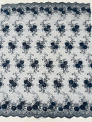 Flower Lace Fabric - Navy Blue - Embroidered Flower With Sequins on a Mesh Lace Fabric By Yard