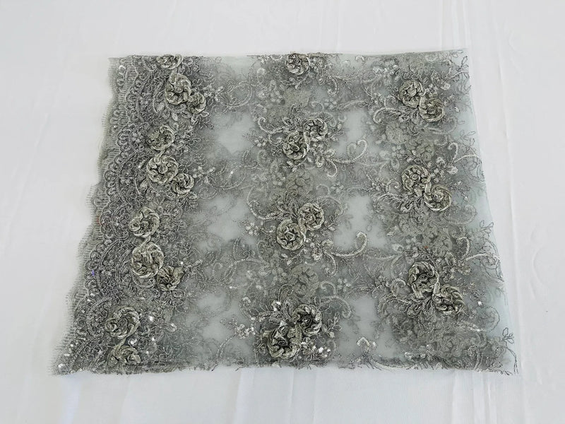 Flower Lace Fabric - Gray/ Silver - Embroidered Roses With Sequins on a Mesh Lace Fabric By Yard