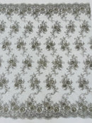 Flower Lace Fabric - Gray/ Silver - Embroidered Roses With Sequins on a Mesh Lace Fabric By Yard