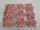 Flower Lace Fabric - Pink with Peach Flower - Embroidered Roses With Sequins on a Mesh Lace Fabric By Yard