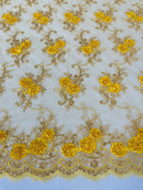 Flower Lace Fabric - Yellow Gold - Embroidered Roses With Sequins on a Mesh Lace Fabric By Yard