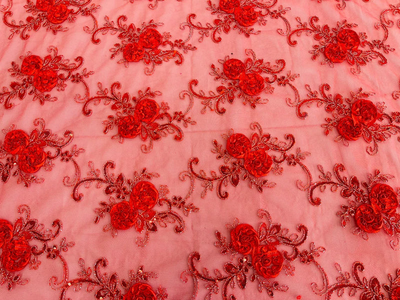 Flower Lace Fabric - Red - Embroidered Roses With Sequins on a Mesh Lace Fabric By Yard