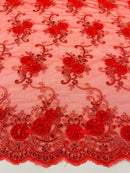 Flower Lace Fabric - Red - Embroidered Roses With Sequins on a Mesh Lace Fabric By Yard