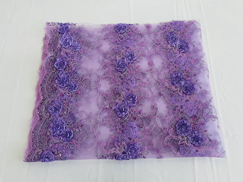 Flower Lace Fabric - Lilac - Embroidered Roses With Sequins on a Mesh Lace Fabric By Yard