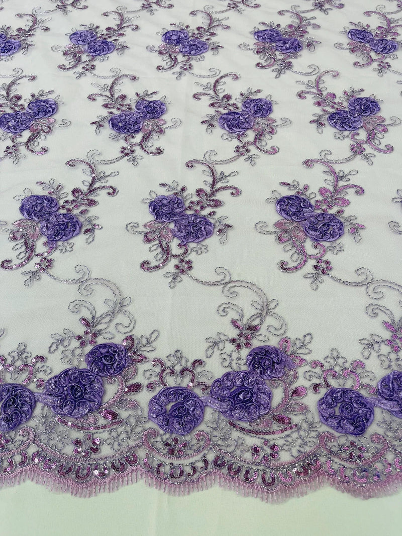 Flower Lace Fabric - Lilac - Embroidered Roses With Sequins on a Mesh Lace Fabric By Yard