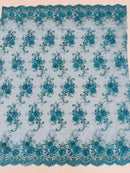 Flower Lace Fabric - Teal - Embroidered Roses With Sequins on a Mesh Lace Fabric By Yard