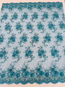 Flower Lace Fabric - Teal - Embroidered Roses With Sequins on a Mesh Lace Fabric By Yard