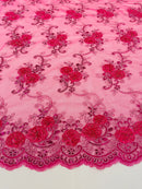 Flower Lace Fabric - Fuschia - Embroidered Flower With Sequins on a Mesh Lace Fabric By Yard