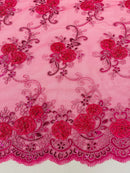 Flower Lace Fabric - Fuschia - Embroidered Flower With Sequins on a Mesh Lace Fabric By Yard
