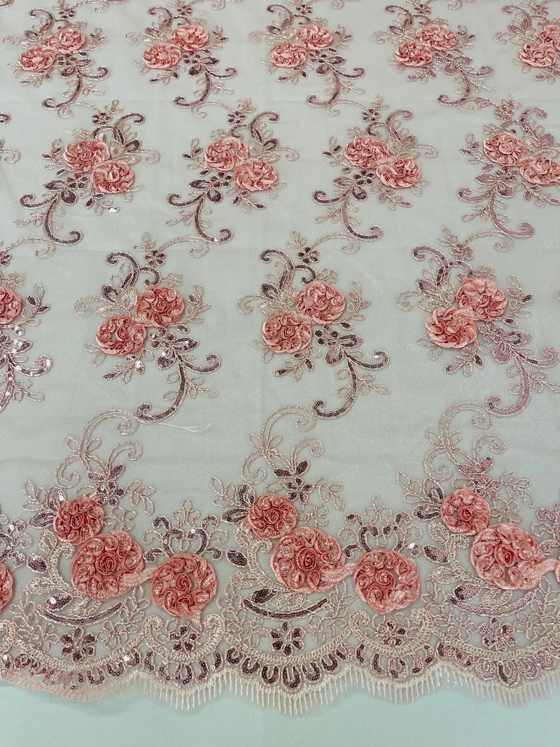 Flower Lace Fabric - Rose - Embroidered Flower With Sequins on a Mesh Lace Fabric By Yard