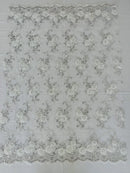 Flower Lace Fabric - White - Embroidered Roses With Sequins on a Mesh Lace Fabric By Yard