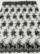 Flower Lace Fabric - Black - Embroidered Roses With Sequins on a Mesh Lace Fabric By Yard