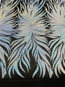 Angel Wing Sequin Design - Iridescent Aqua - Wing Patterns Embroidered with Sequins on Black Mesh By Yard