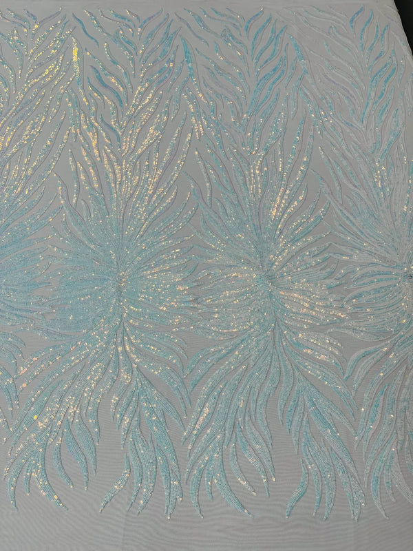 Angel Wing Sequin Design - Blue / White - Wing Patterns Embroidered with Sequins on Mesh Sold By Yard