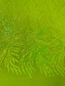 Angel Wing Sequin Design - Lime Green - Wing Patterns Embroidered with Sequins on Mesh Sold By Yard