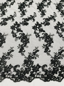 Floral Lace Fabric - White - Embroidered Flower Clusters with Sequins on a Mesh Lace By Yard