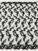 Floral Lace Fabric - White - Embroidered Flower Clusters with Sequins on a Mesh Lace By Yard