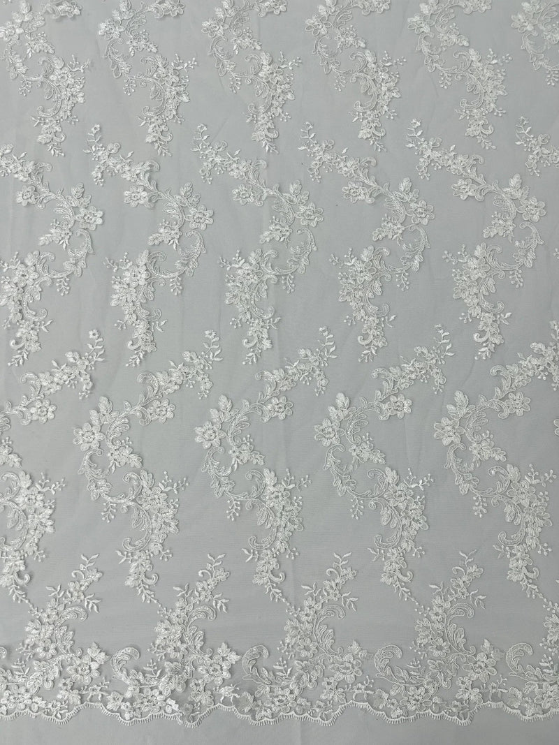 Floral Lace Fabric - White - Embroidered Flower Clusters with Sequins on a Mesh Lace By Yard