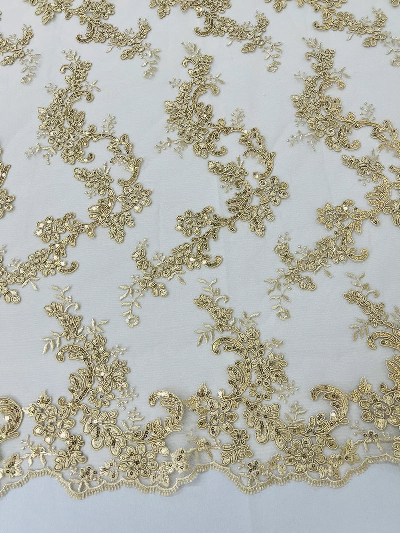 Floral Lace Fabric - Champagne - Embroidered Flower Clusters with Sequins on a Mesh Lace By Yard