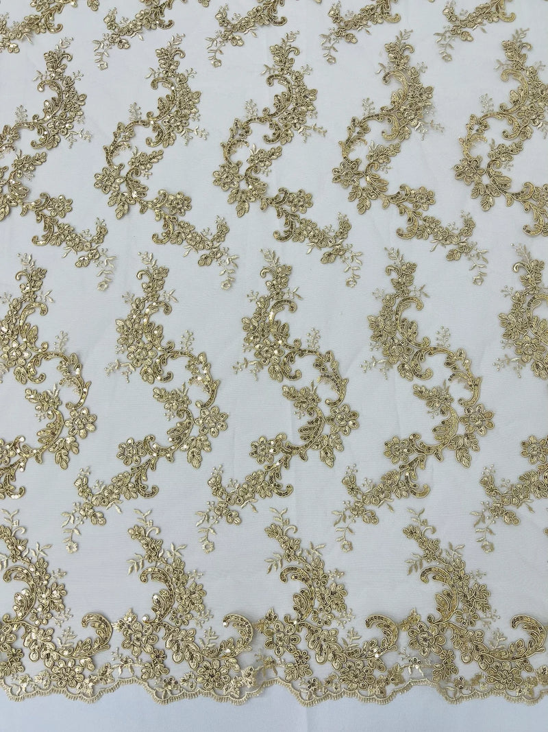 Floral Lace Fabric - Champagne - Embroidered Flower Clusters with Sequins on a Mesh Lace By Yard
