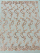 Floral Lace Fabric - Blush - Embroidered Flower Clusters with Sequins on a Mesh Lace By Yard