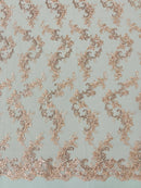 Floral Lace Fabric - Blush - Embroidered Flower Clusters with Sequins on a Mesh Lace By Yard
