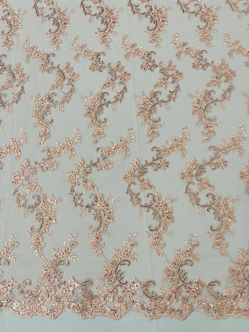 Floral Lace Fabric - Blush - Embroidered Flower Clusters with Sequins on a Mesh Lace By Yard