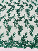 Floral Lace Fabric - Hunter Green - Embroidered Flower Clusters with Sequins on a Mesh Lace By Yard