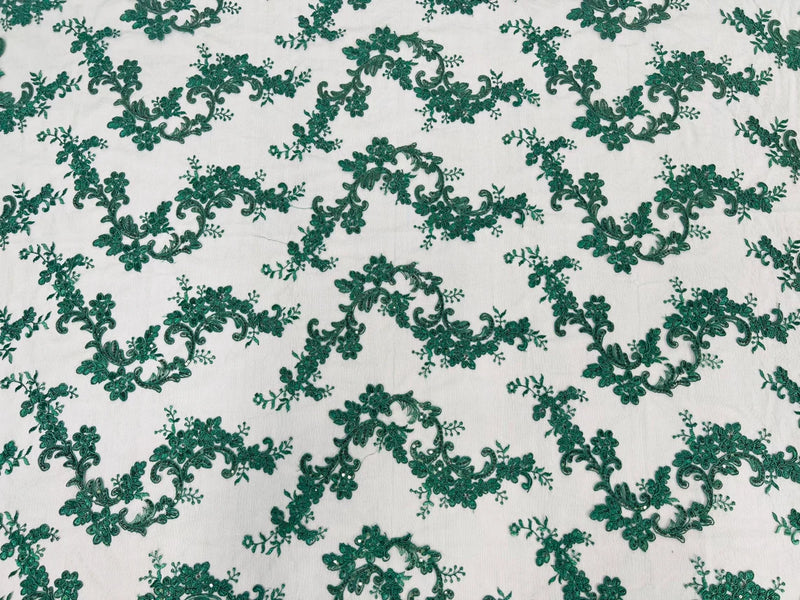 Floral Lace Fabric - Hunter Green - Embroidered Flower Clusters with Sequins on a Mesh Lace By Yard