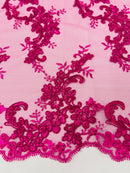 Floral Lace Fabric - Fuschia - Embroidered Flower Clusters with Sequins on a Mesh Lace By Yard