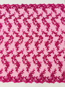 Floral Lace Fabric - Fuschia - Embroidered Flower Clusters with Sequins on a Mesh Lace By Yard