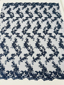 Floral Lace Fabric - Navy Blue - Embroidered Flower Clusters with Sequins on a Mesh Lace By Yard