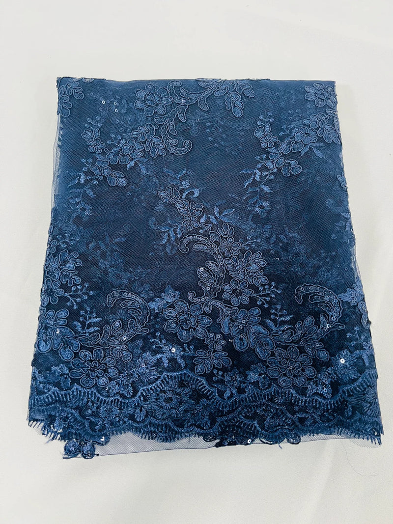 Floral Lace Fabric - Navy Blue - Embroidered Flower Clusters with Sequins on a Mesh Lace By Yard