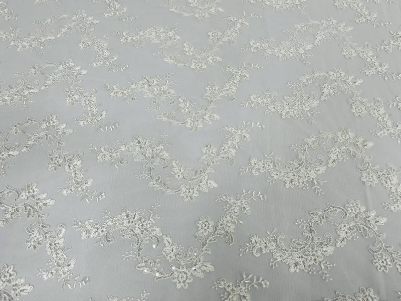 Floral Lace Fabric - Ivory - Embroidered Flower Clusters with Sequins on a Mesh Lace By Yard
