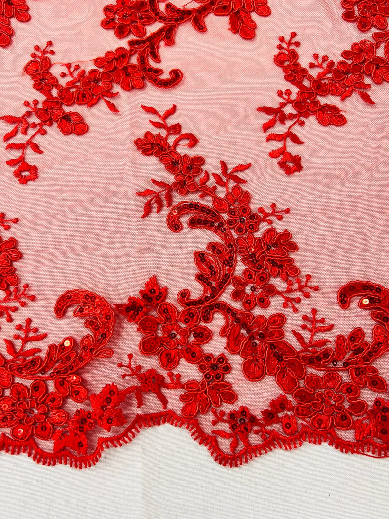 Floral Lace Fabric - Red - Embroidered Flower Clusters with Sequins on a Mesh Lace By Yard