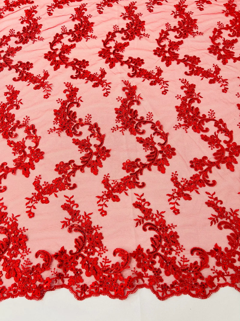 Floral Lace Fabric - Red - Embroidered Flower Clusters with Sequins on a Mesh Lace By Yard